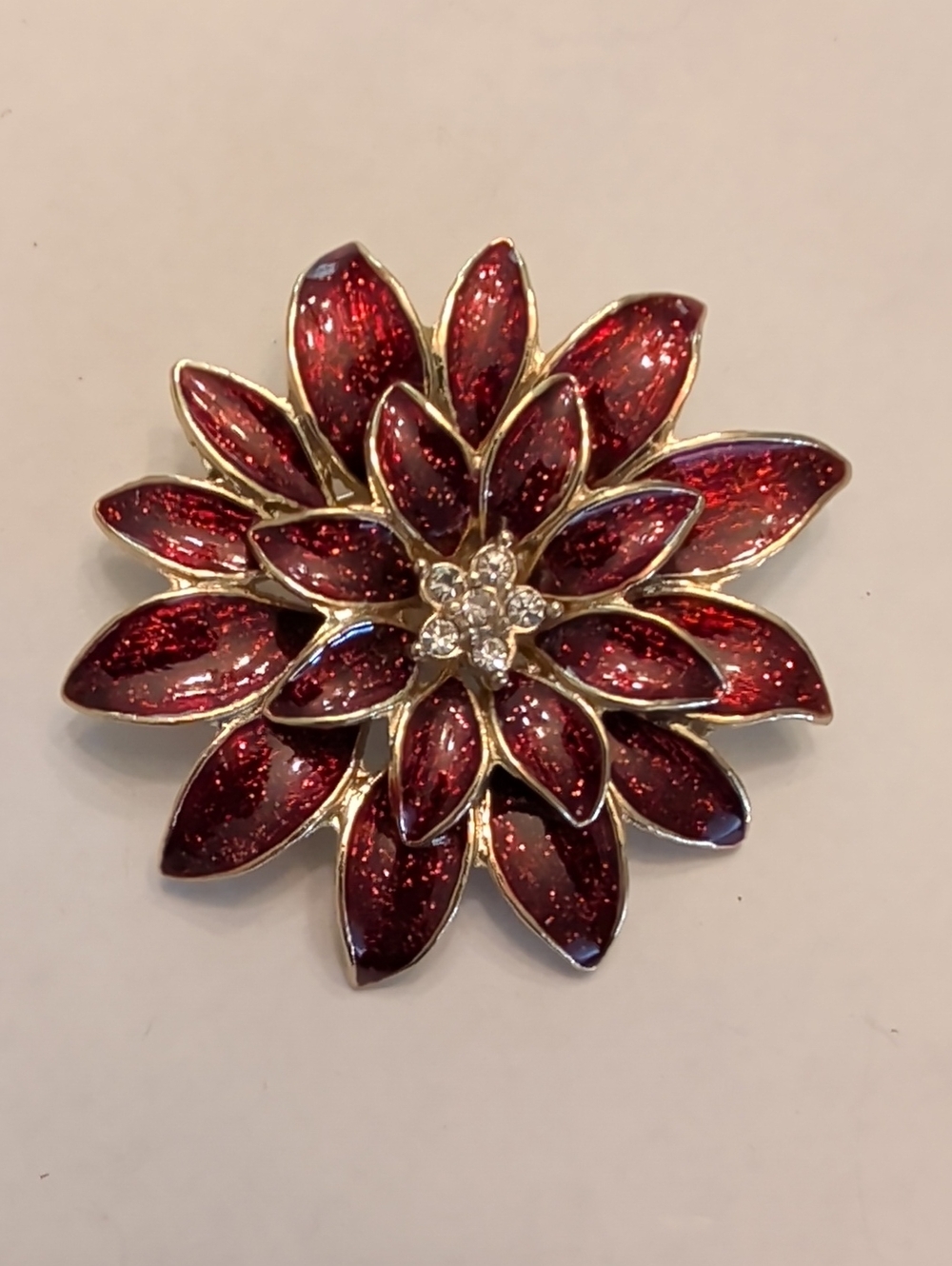 Red Enamel Floral Brooch with Rhinestone Center